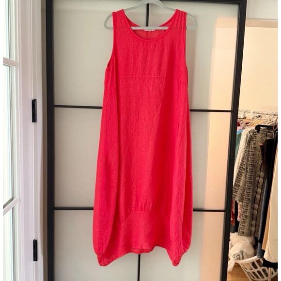 Rosemarie Sz L Linen Dress Coral Red Shift Sleeveless Lagenlook Boho Natural - Picture 1 of 16